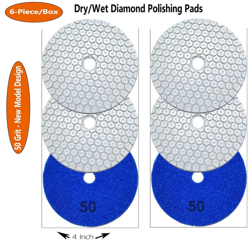 ANTENGDATOOL 4 Inch New Model Dry Diamond Polishing Pads Grit 50, 1 Box of 6 Piece Dry/Wet Marble Buffing Pad for Granite Marble Quartz Concrete Stones(Need Water for Hard Tile) - Image 2